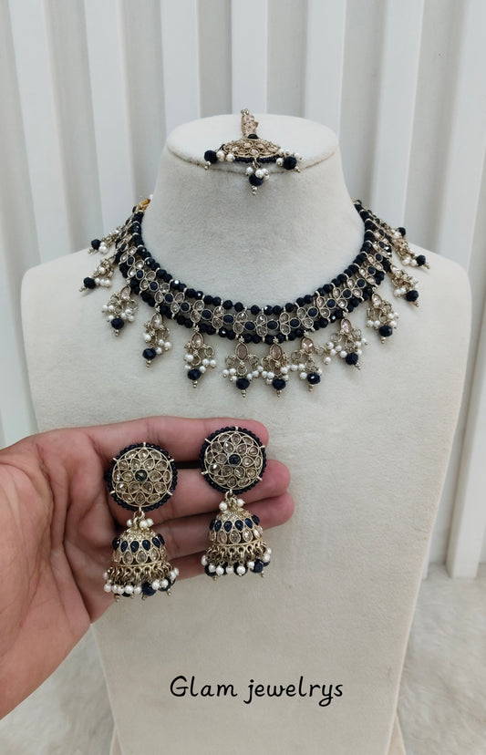 Blue Antique Gold Necklace Indian Jewellery Gurjot Set