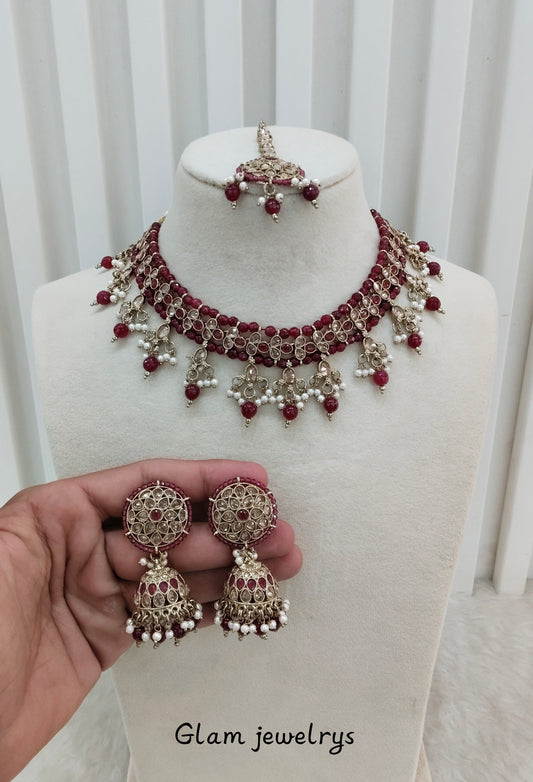 Ruby Antique Gold Necklace Indian Jewellery Gurjot Set