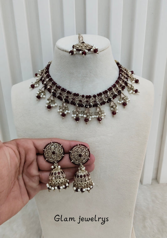Maroon Antique Gold Necklace Indian Jewellery Gurjot Set