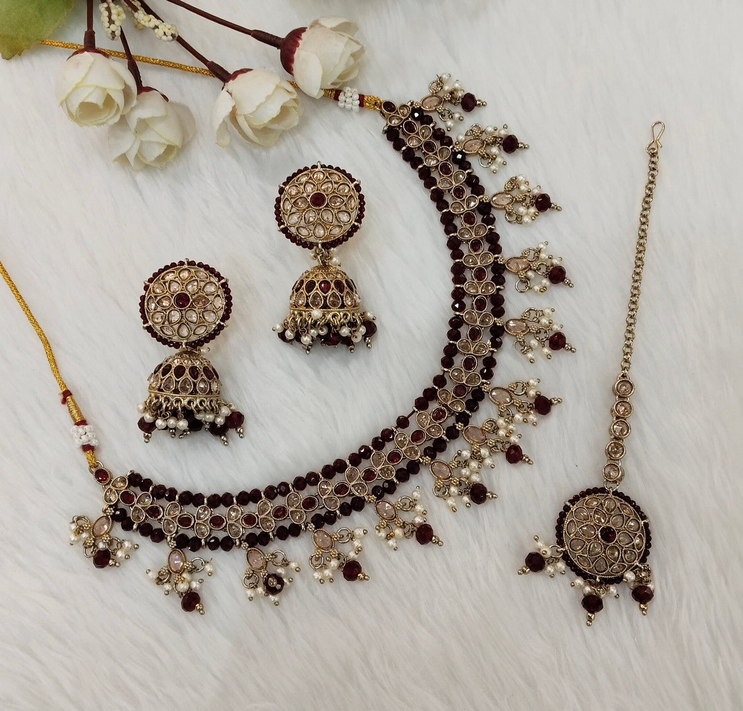 Maroon Antique Gold Necklace Indian Jewellery Gurjot Set