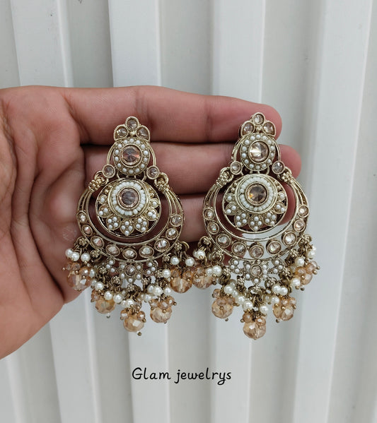 Antique Gold Kundan Chandbali Indian Bollywood Dvinder Earrings