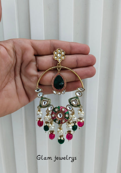 Majenta Green Kundan Indian Bollywood Pargat Earrings