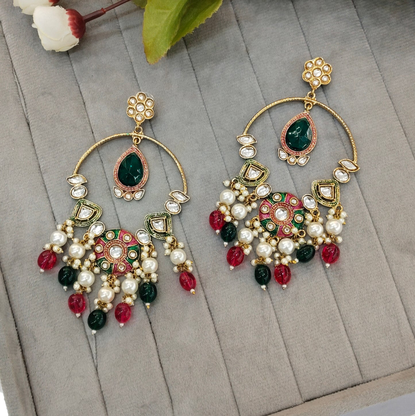 Majenta Green Kundan Indian Bollywood Pargat Earrings