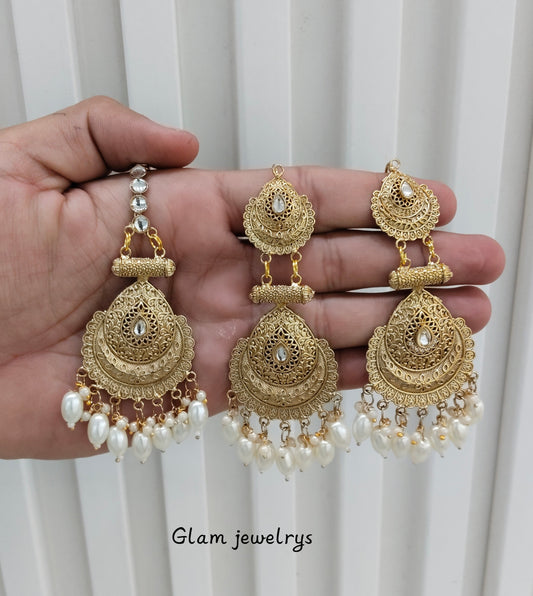 White Gold Polki Punjabi Style Indian Earrings and Tikka