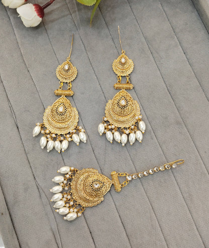 White Gold Polki Punjabi Style Indian Earrings and Tikka