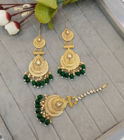 Green Gold Polki Punjabi Style Indian Earrings and Tikka