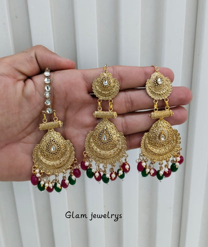 Ruby Green Gold Polki Punjabi Style Indian Earrings and Tikka