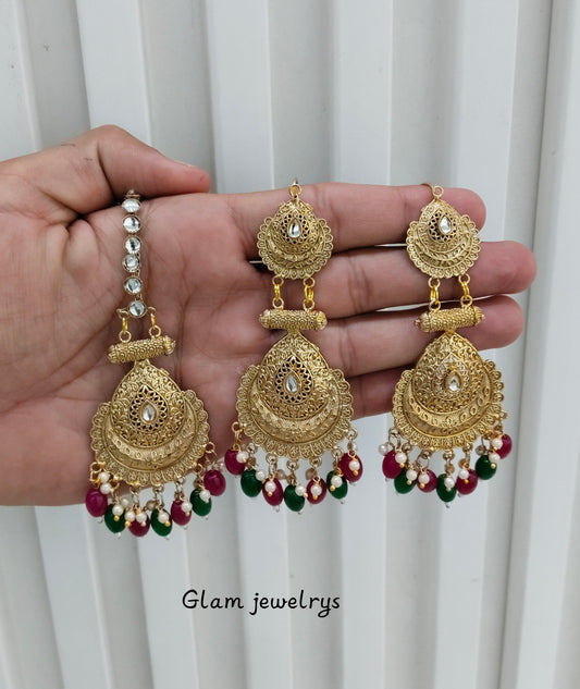 Ruby Green Gold Polki Punjabi Style Indian Earrings and Tikka
