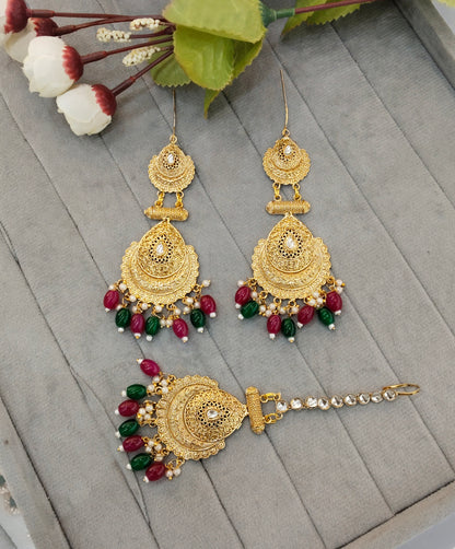 Ruby Green Gold Polki Punjabi Style Indian Earrings and Tikka