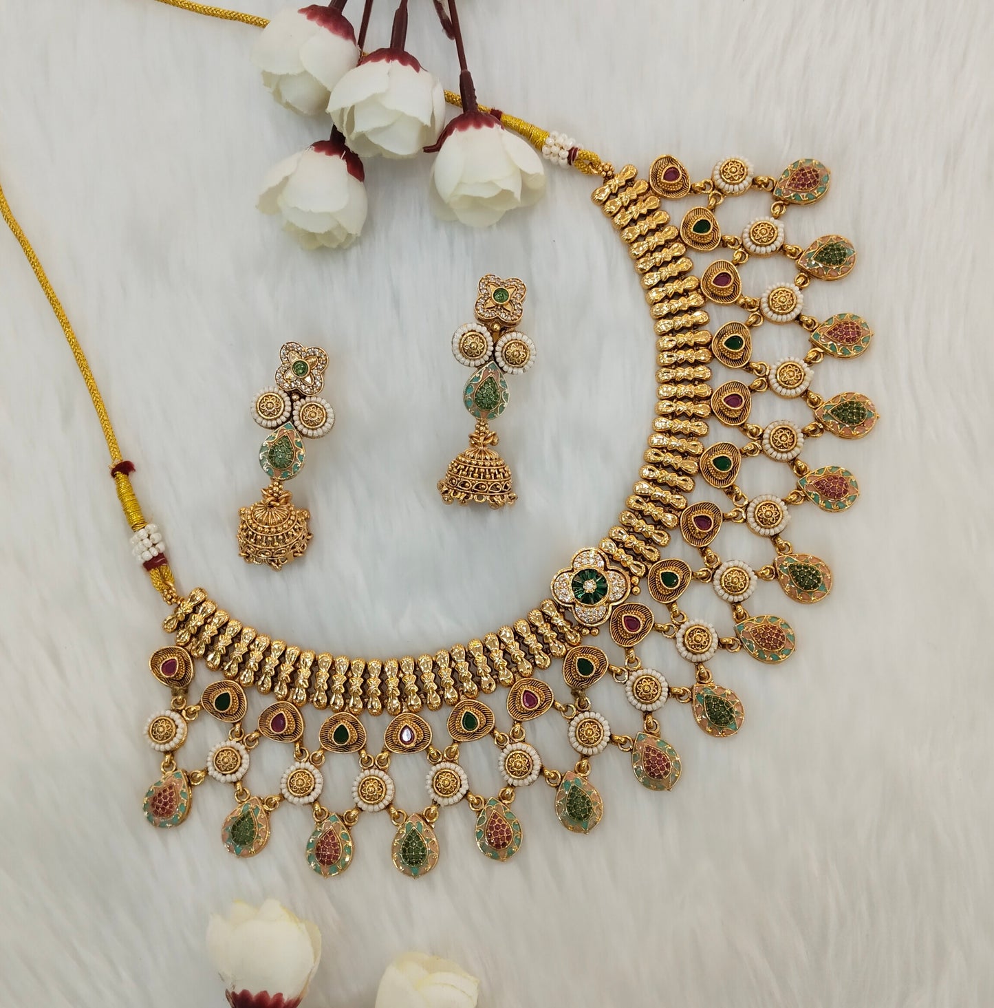 Ruby Green Gold Polki Necklace Indian Jewellery Mulajam Set