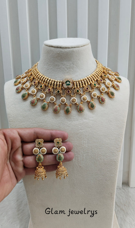 Ruby Green Gold Polki Necklace Indian Jewellery Mulajam Set