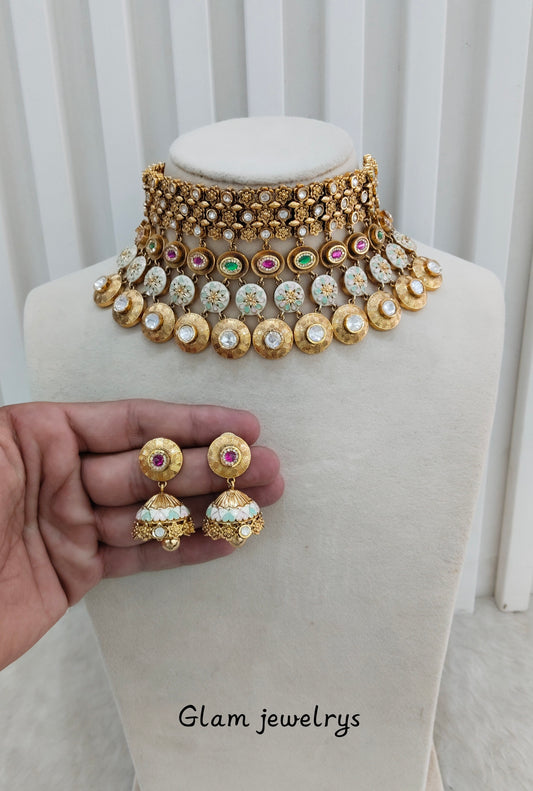 Ruby Green Gold Polki Choker Indian Jewellery Kishu Set