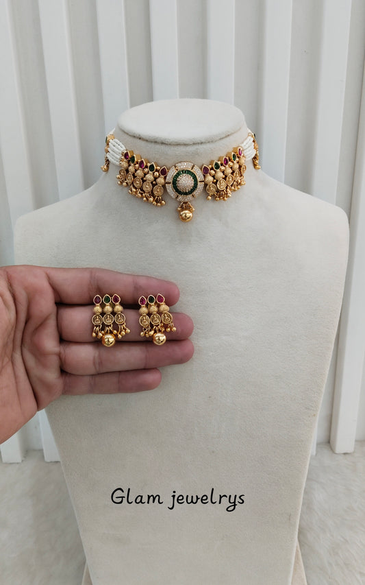 Ruby Green Gold Polki Choker Indian Jewellery Kishu Set