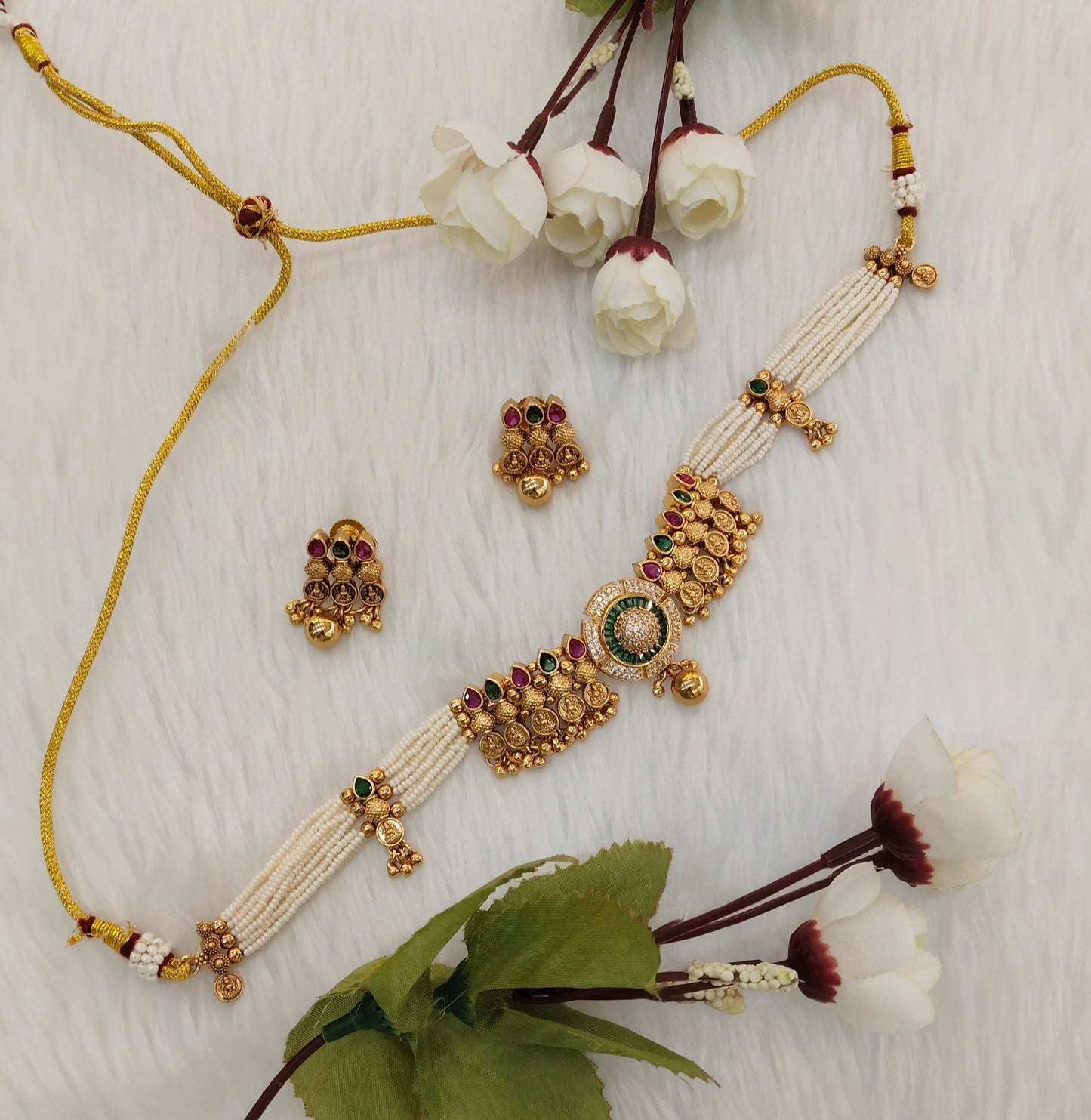 Ruby Green Gold Polki Choker Indian Jewellery Kishu Set