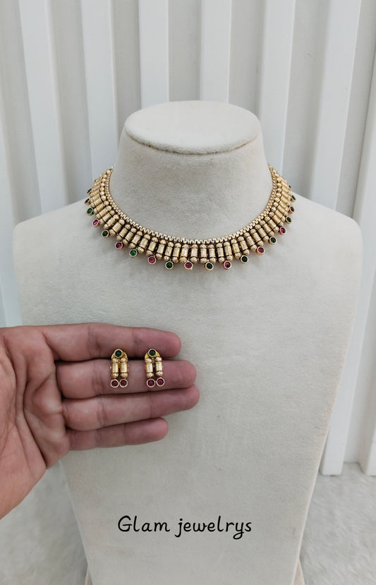 Ruby Green Gold Polki Necklace indian Jewellery Mulajam Set