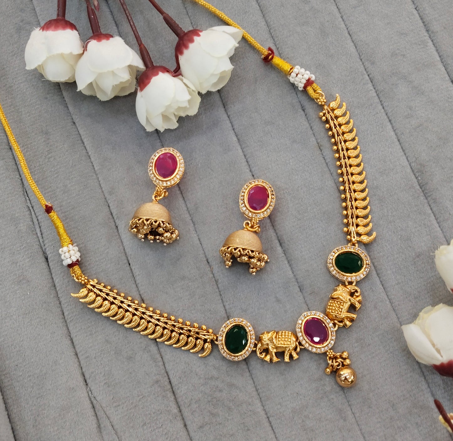 Ruby Green Gold Polki Necklace indian Jewellery Mulajam Set