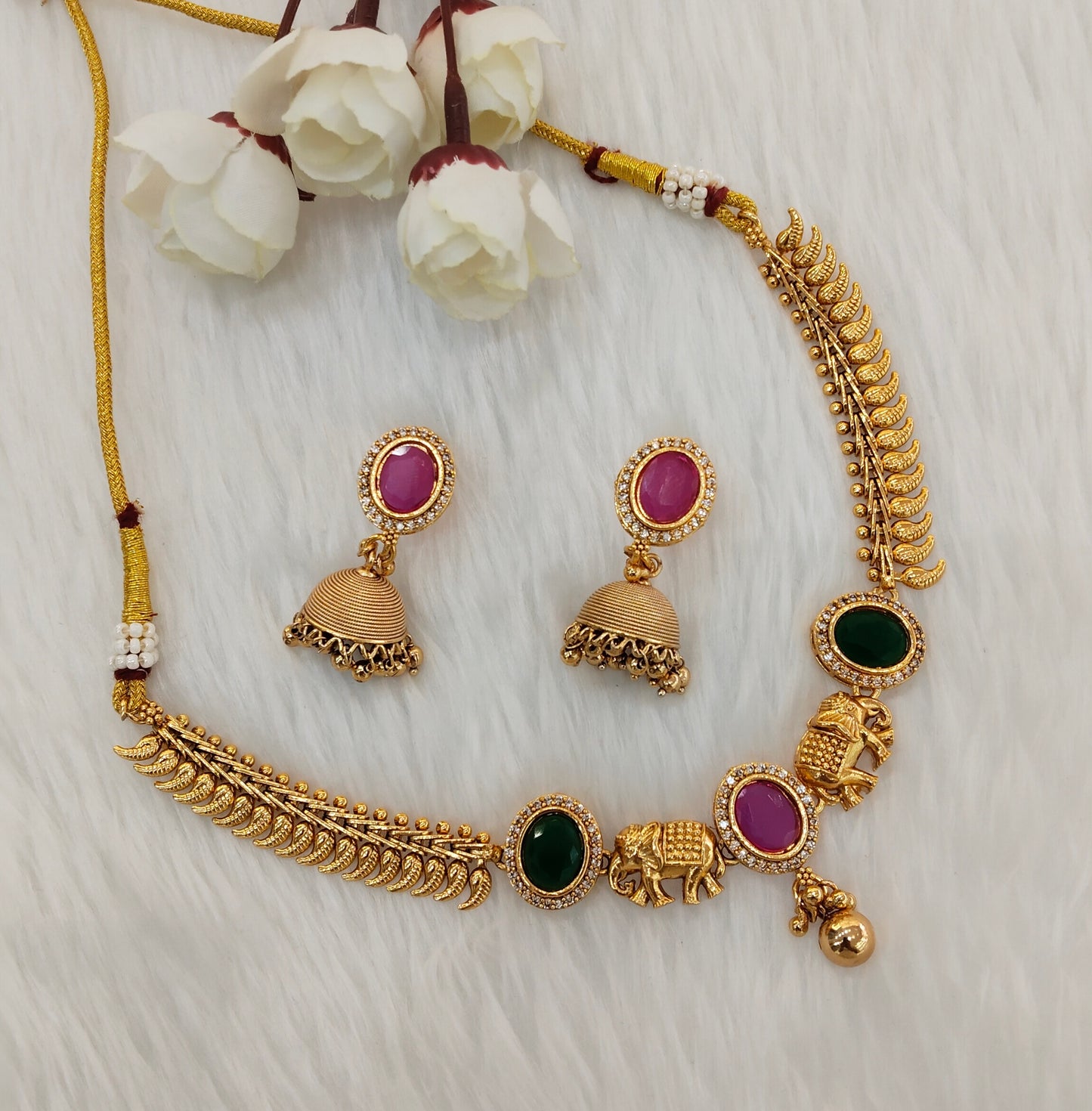 Ruby Green Gold Polki Necklace indian Jewellery Mulajam Set
