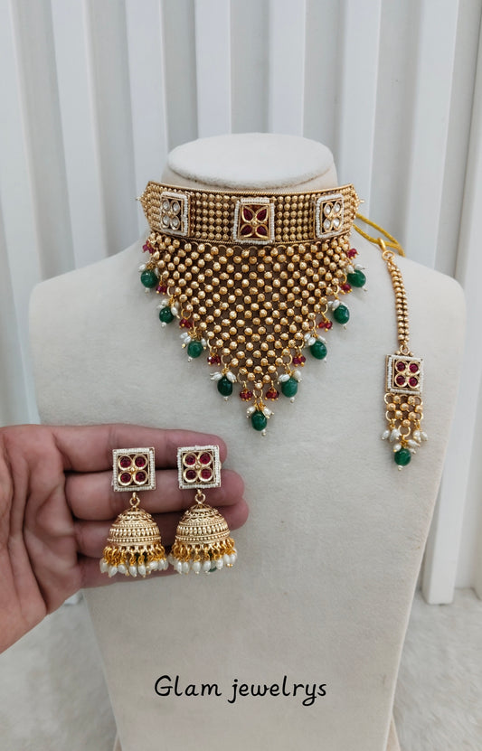 Ruby Green Gold Polki Choker Indian Jewellery Kishu Set