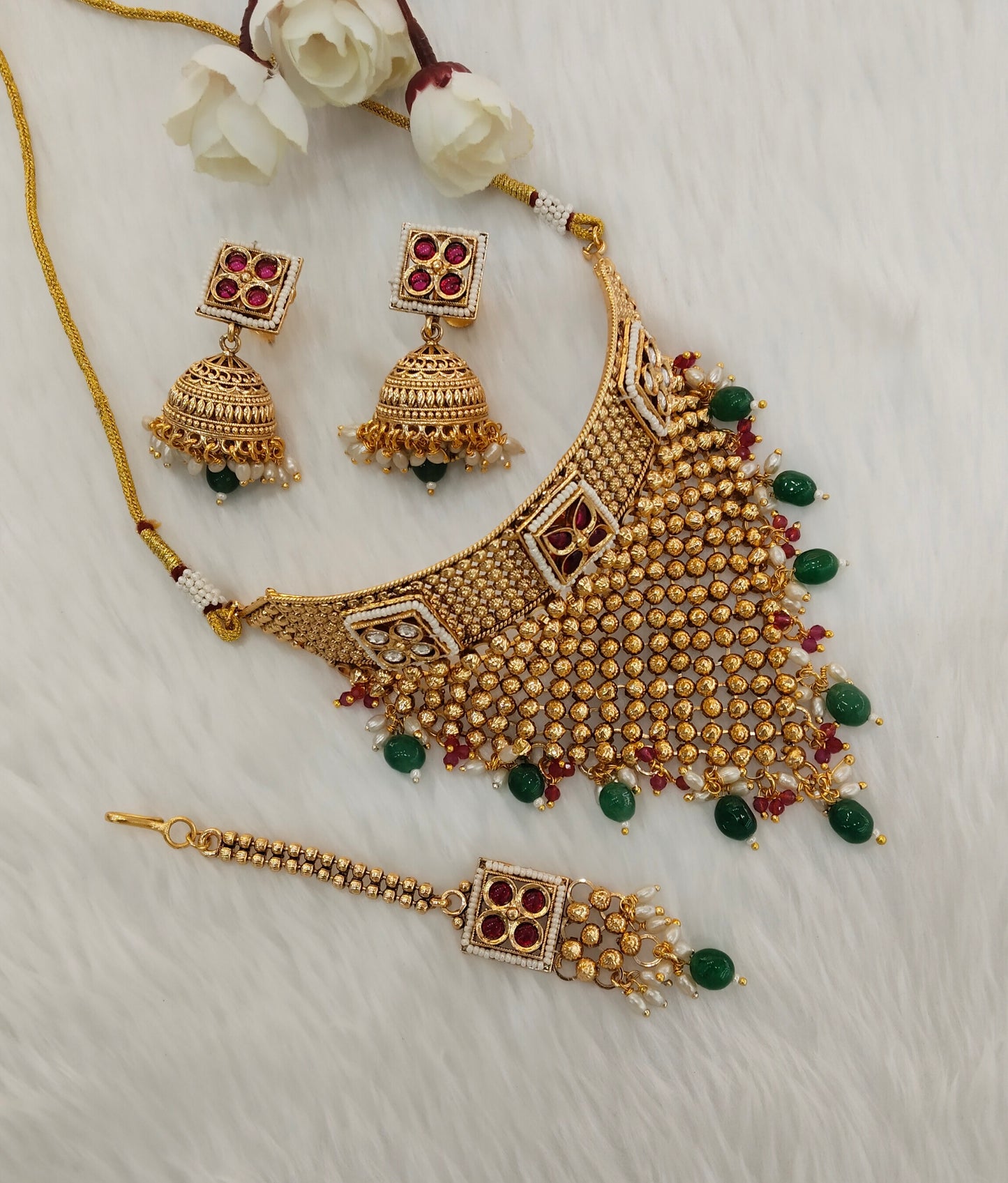 Ruby Green Gold Polki Choker Indian Jewellery Kishu Set