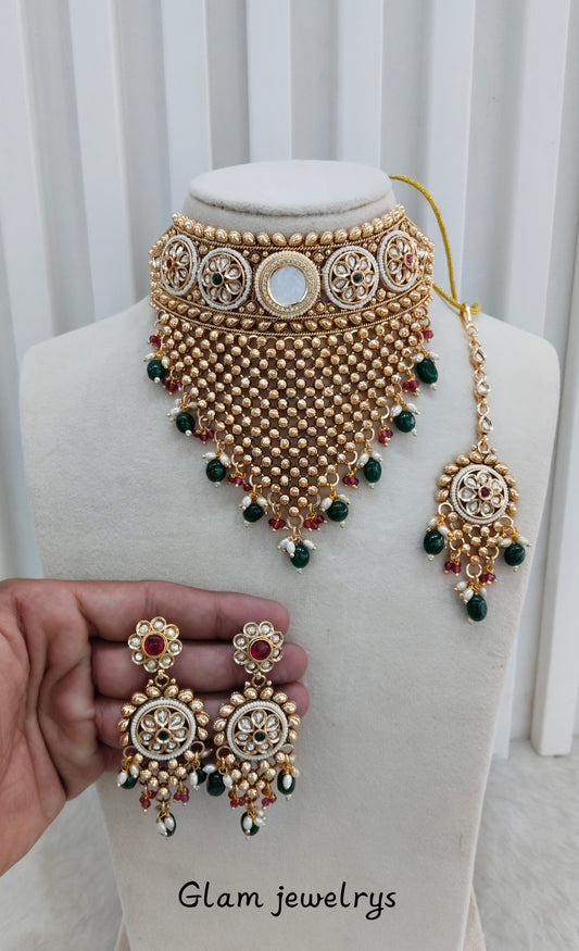 Ruby Green Gold Polki Choker Indian Jewellery Kishu Set