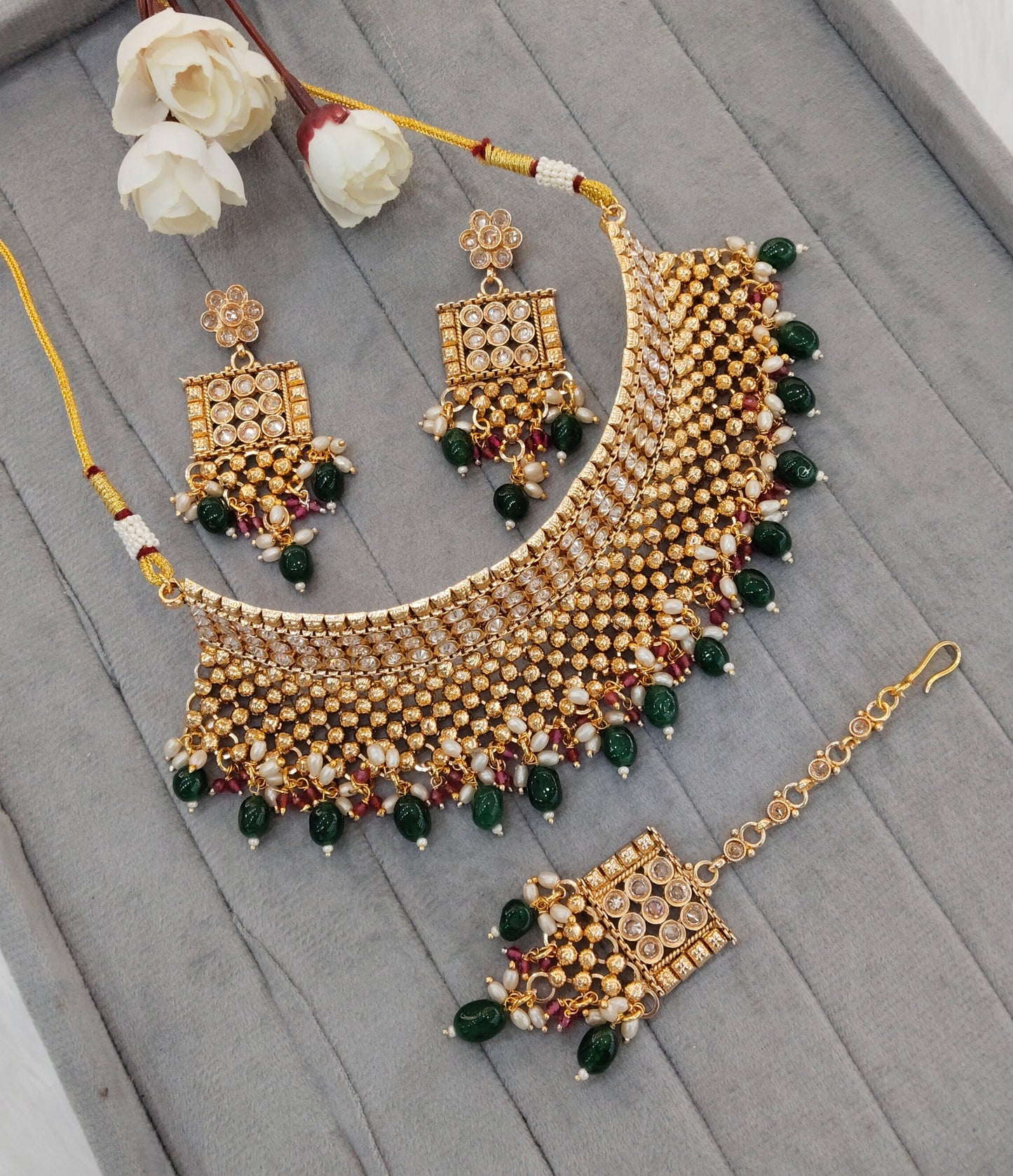 Green Gold Polki Choker Indian Jewellery Kishu Set