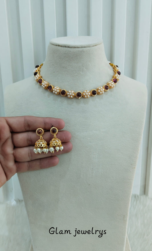 Maroon Gold Polki Necklace Indian Jewellery Kataria Set