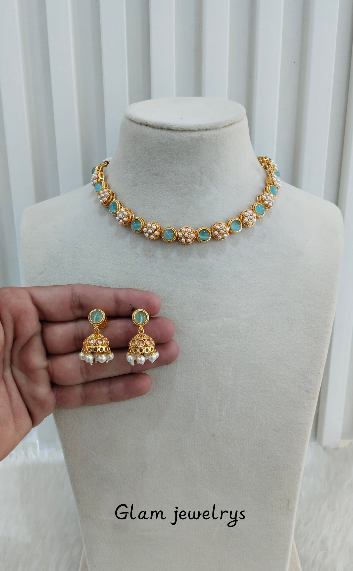 Sky Blue Gold Polki Necklace Indian Jewellery Kataria Set