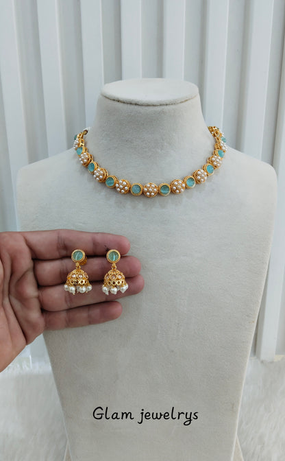 Sky Blue Gold Polki Necklace Indian Jewellery Kataria Set