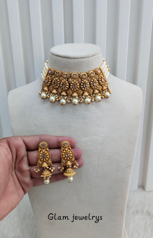 Gold Polki Choker Indian Jewellery Gurleen Set