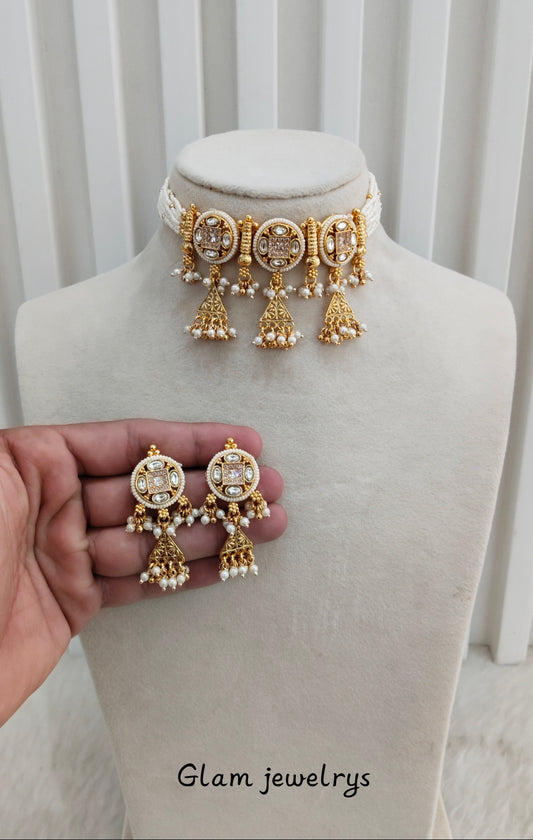 White Gold Polki Choker indian Jewellery Gurleen Set