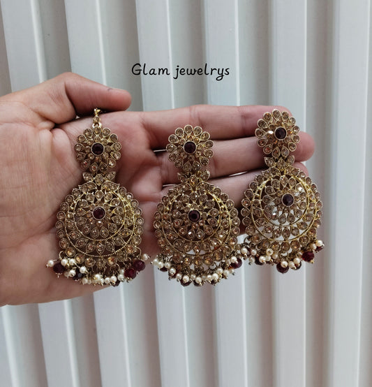 Maroon Antique Gold Bollywood Rcb indian Earrings