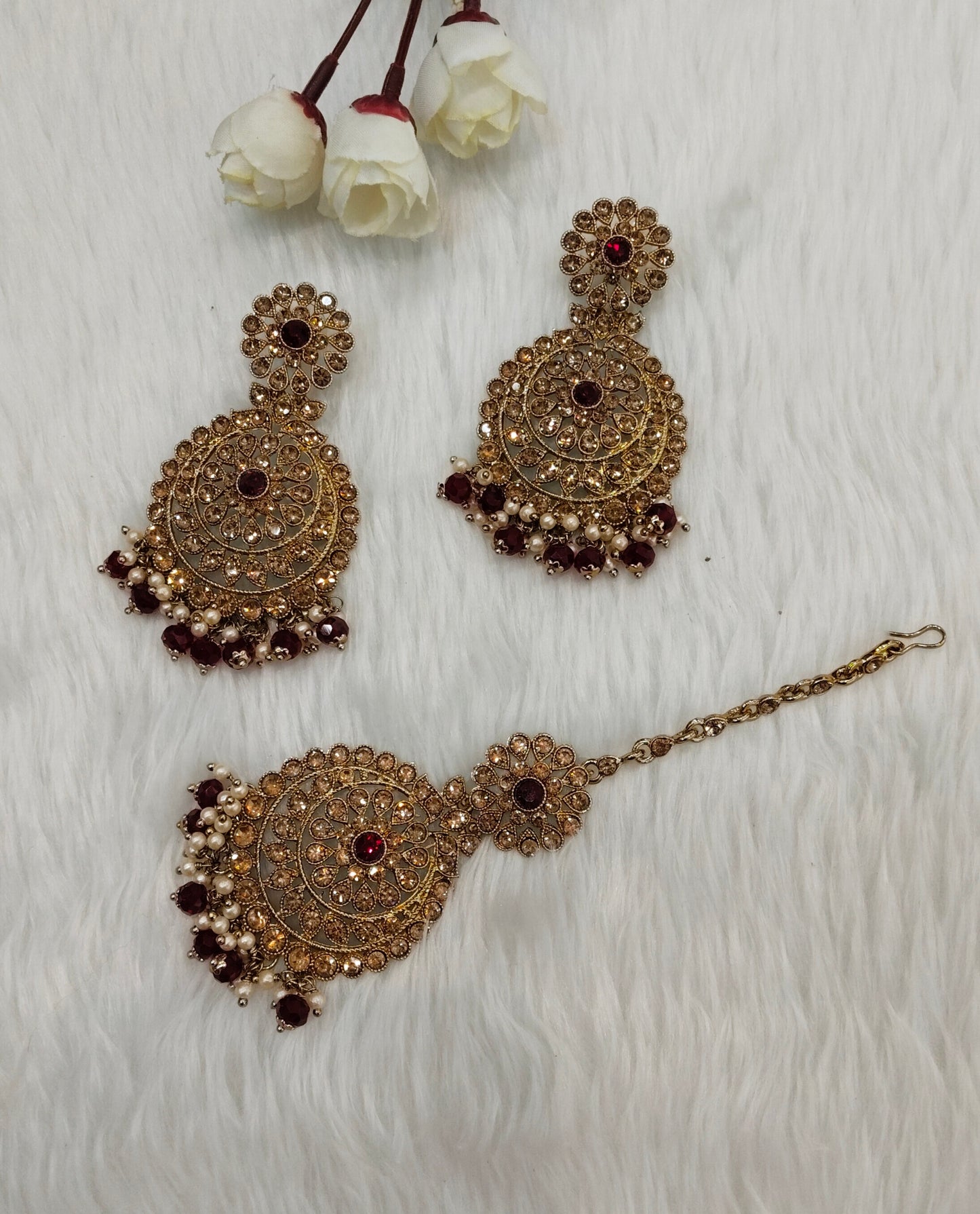 Maroon Antique Gold Bollywood Rcb indian Earrings