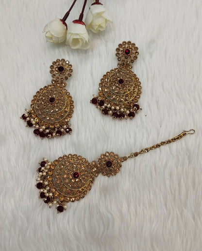 Maroon Antique Gold Bollywood Rcb indian Earrings