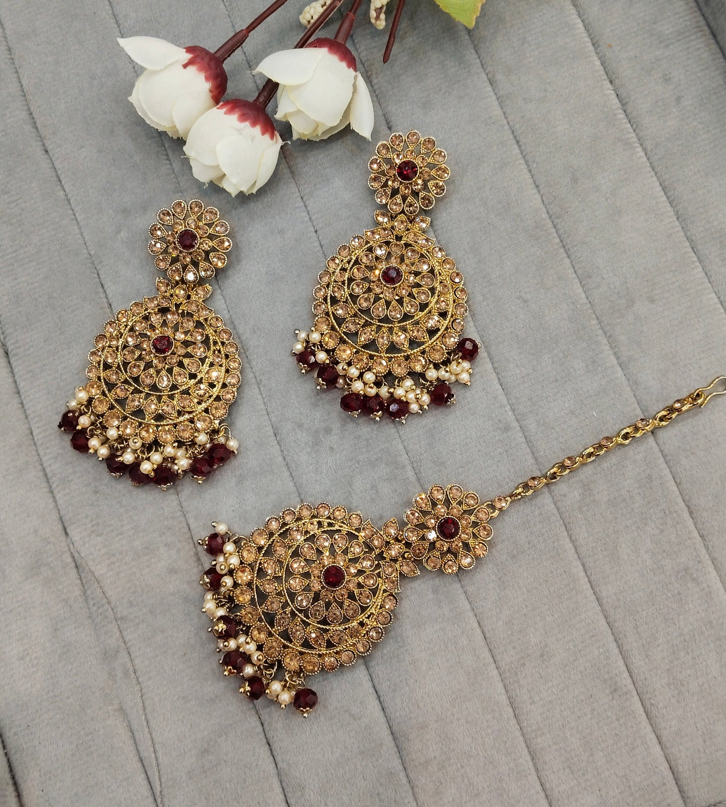 Maroon Antique Gold Bollywood Rcb indian Earrings