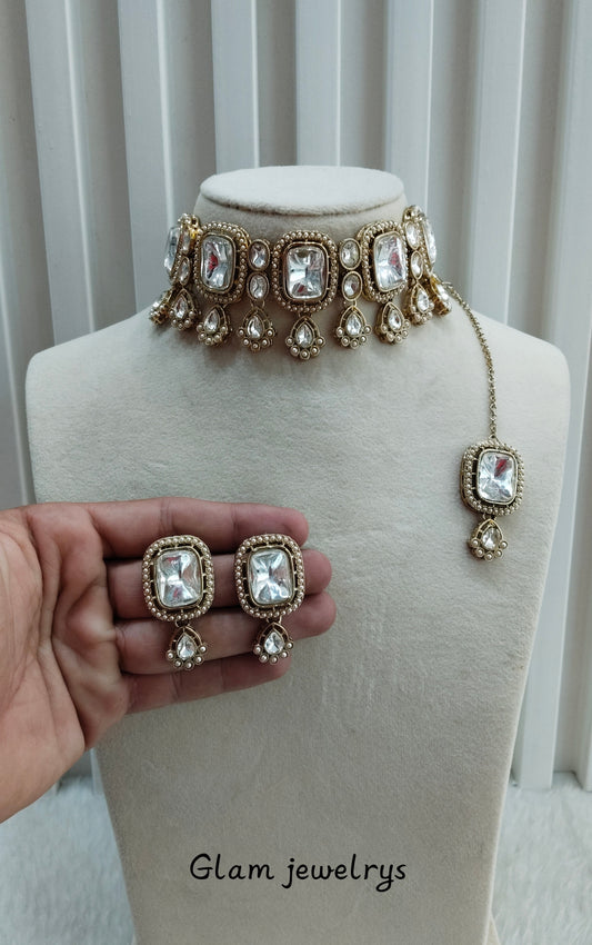 Antique Gold Kundan Choker Indian Jewellery Lsg Set