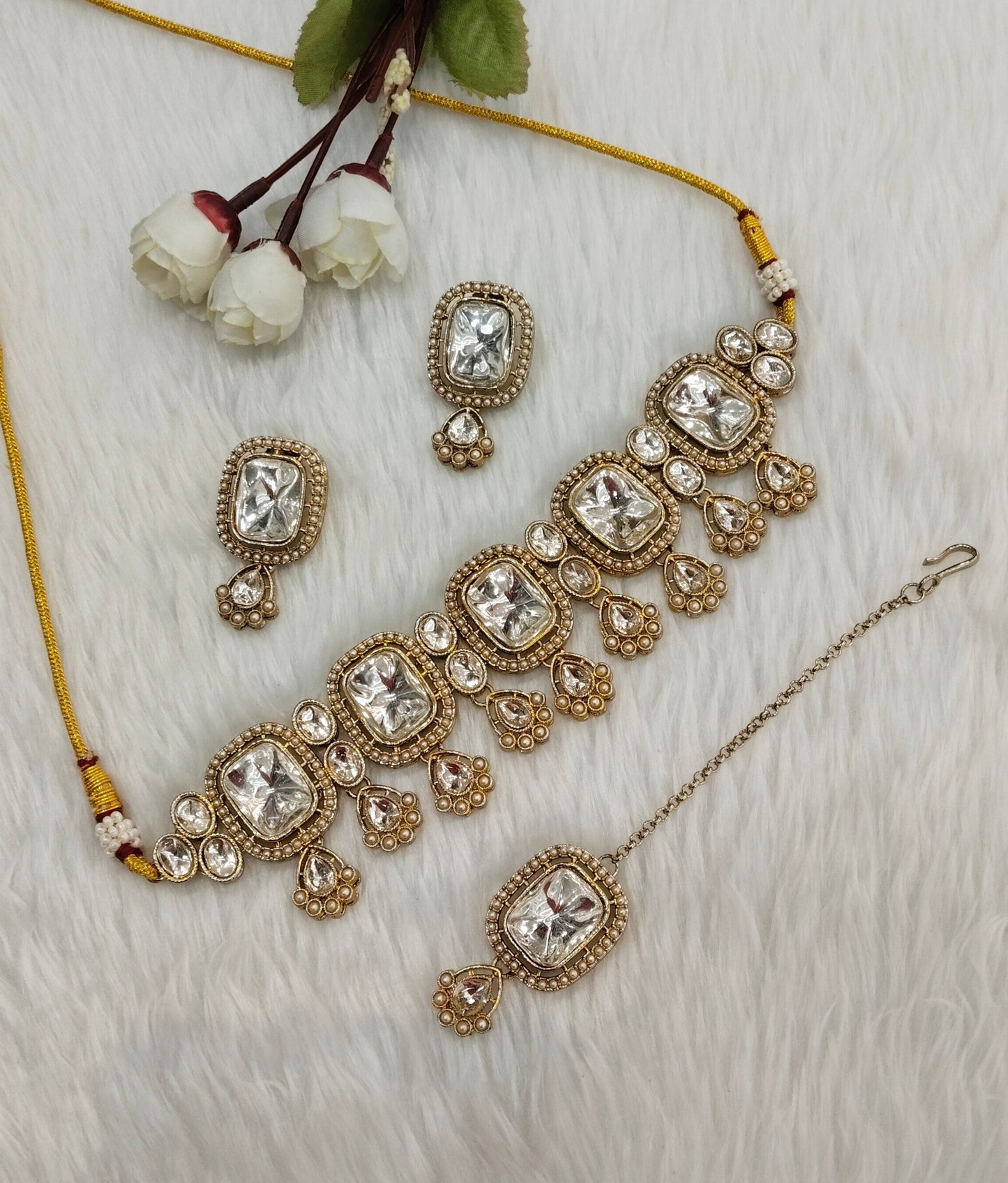 Antique Gold Kundan Choker Indian Jewellery Lsg Set