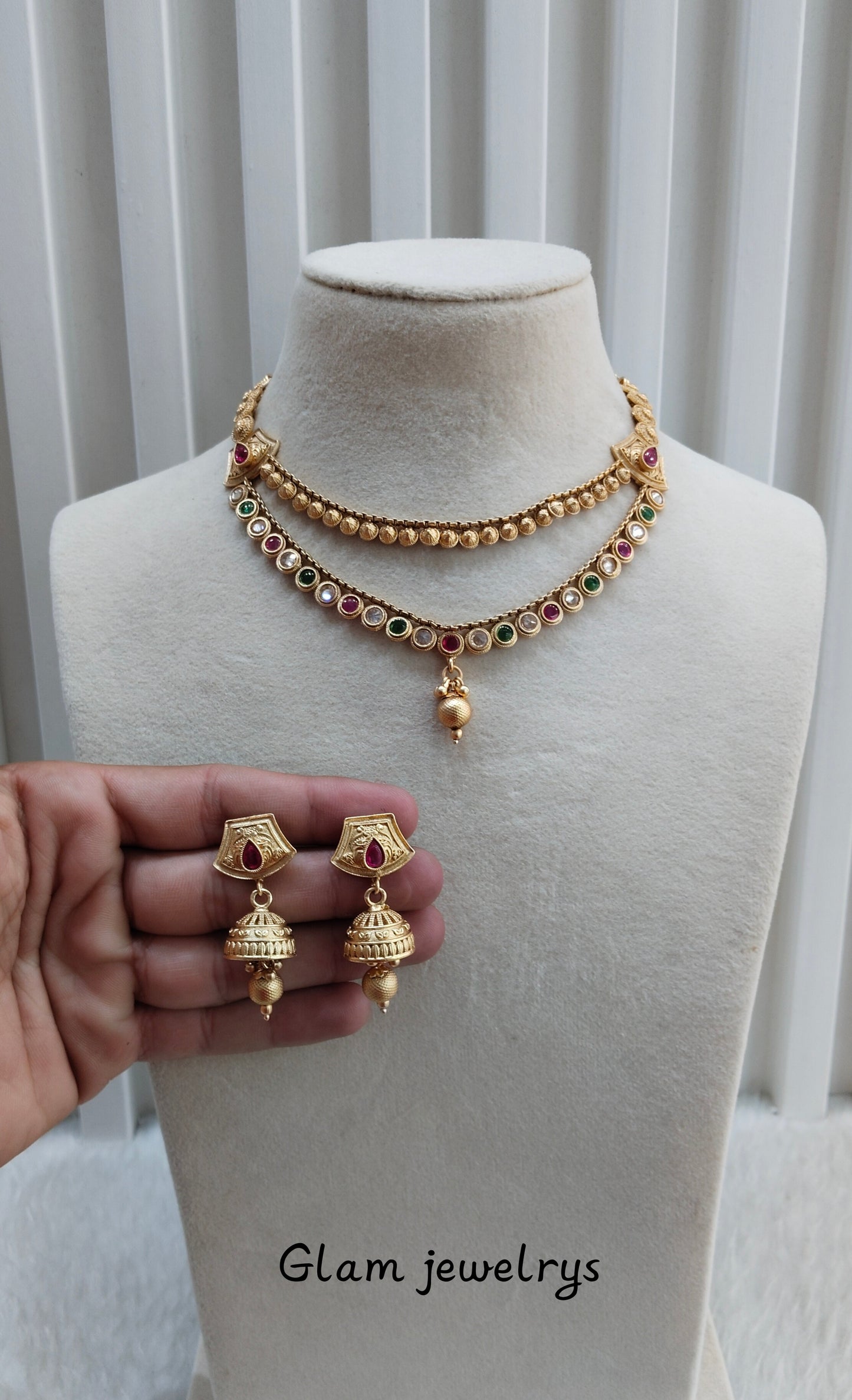 Ruby Green Gold Polki Necklace Jewellery Pawan Set