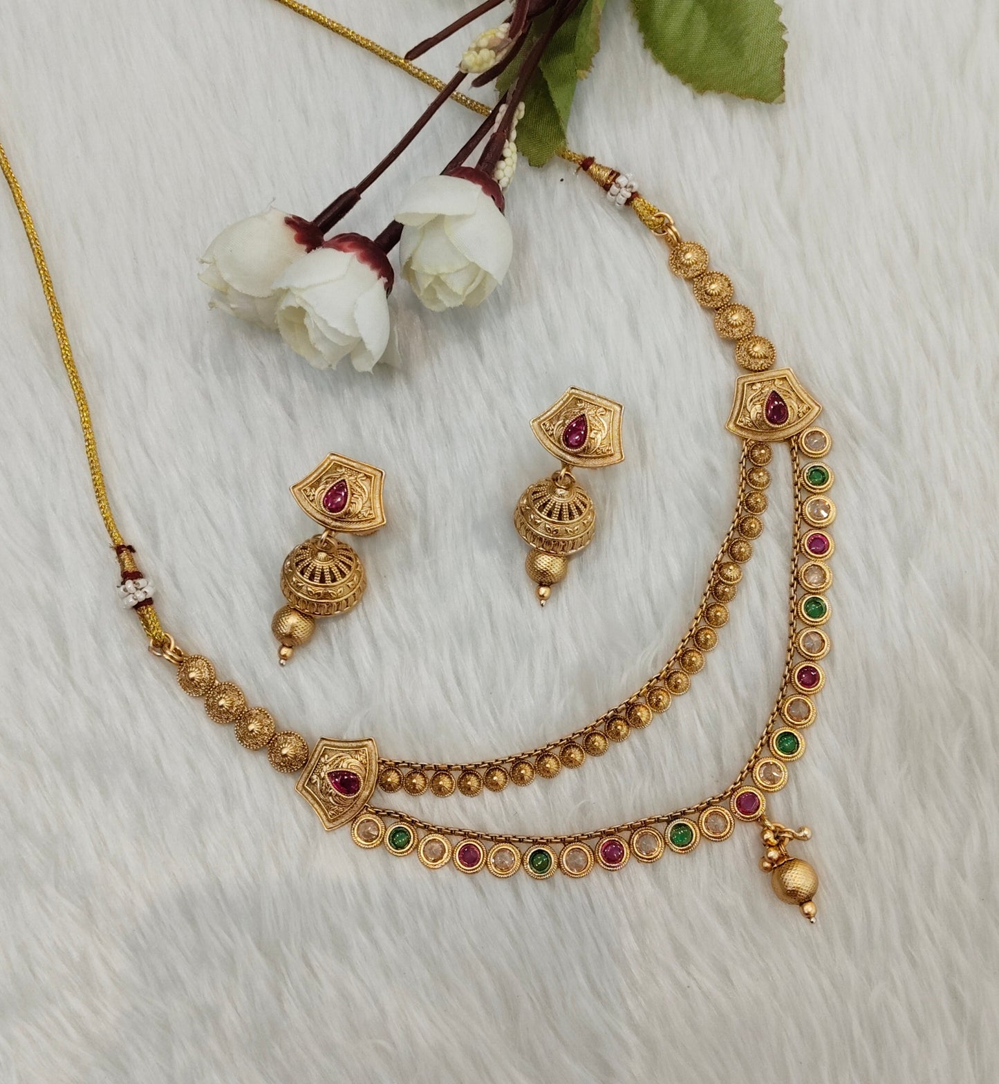 Ruby Green Gold Polki Necklace Jewellery Pawan Set