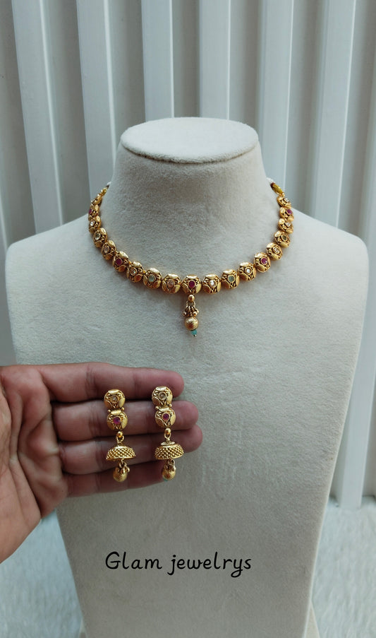 Ruby Sea Green Gold Polki Necklace Indian Jewellery Pawan Set