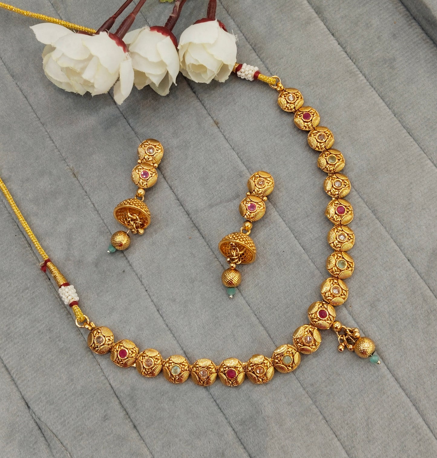 Ruby Sea Green Gold Polki Necklace Indian Jewellery Pawan Set