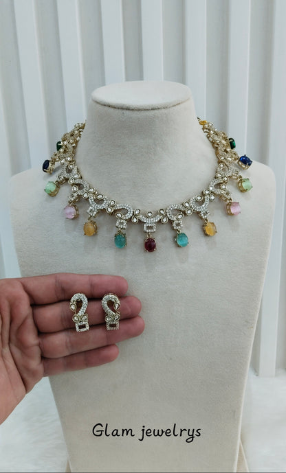 Multi Color Gold Moissanite Kundan Necklace Indian Jewellery Jhondear Set
