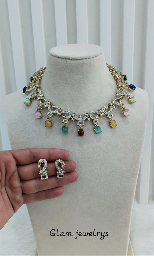 Multi Color Gold Moissanite Kundan Necklace Indian Jewellery Jhondear Set
