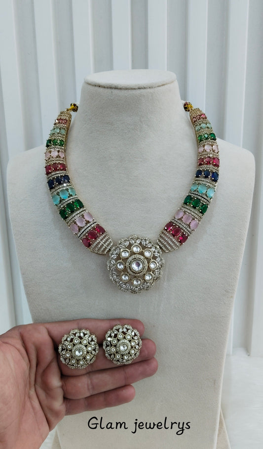 Multi Color Gold Moissanite Kundan Necklace Indian Jewellery Jhondear Set