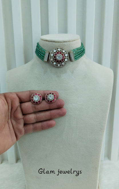 Sage Green Moissanite Kundan Choker Indian Jewellery Swaraj Set