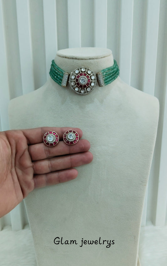 Sage Green Moissanite Kundan Choker Indian Jewellery Swaraj Set