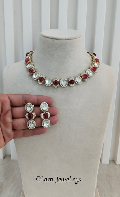 Ruby Gold Moissanite Kundan Necklace Indian Jewellery Sonalika Set