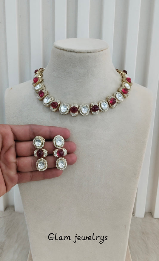 Ruby Gold Moissanite Kundan Necklace Indian Jewellery Sonalika Set