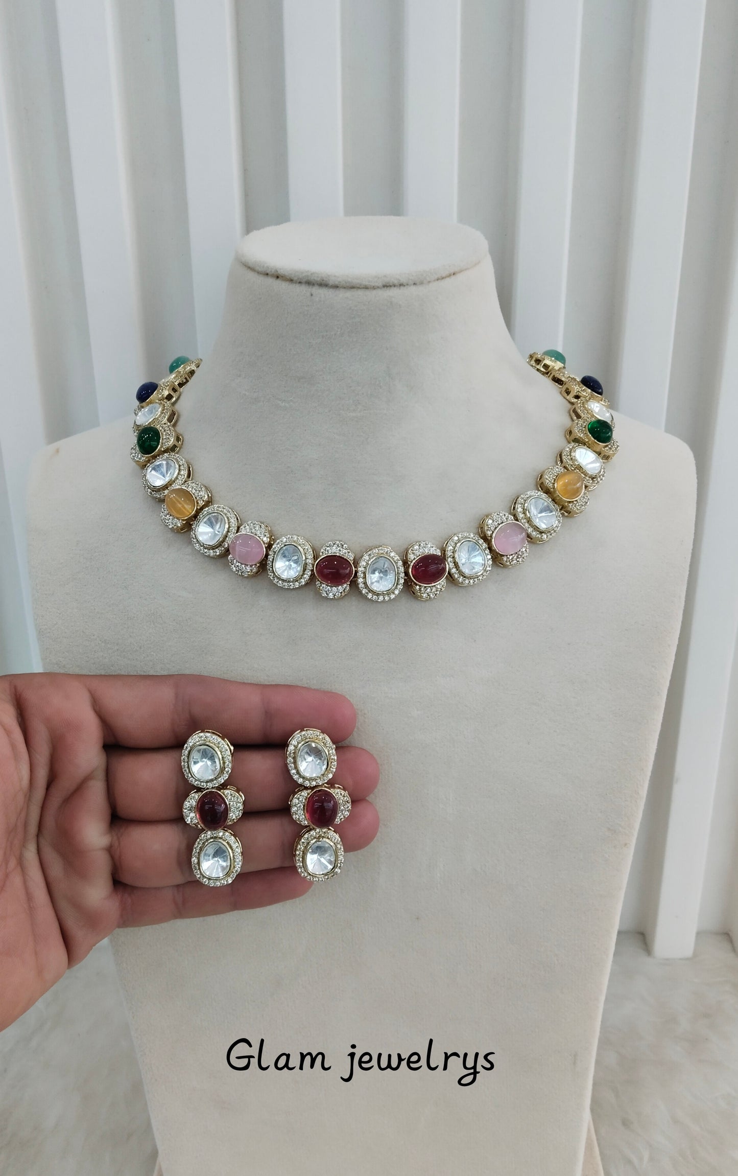 Multi Color Gold Moissanite Kundan Necklace Indian Jewellery Sonalika Set