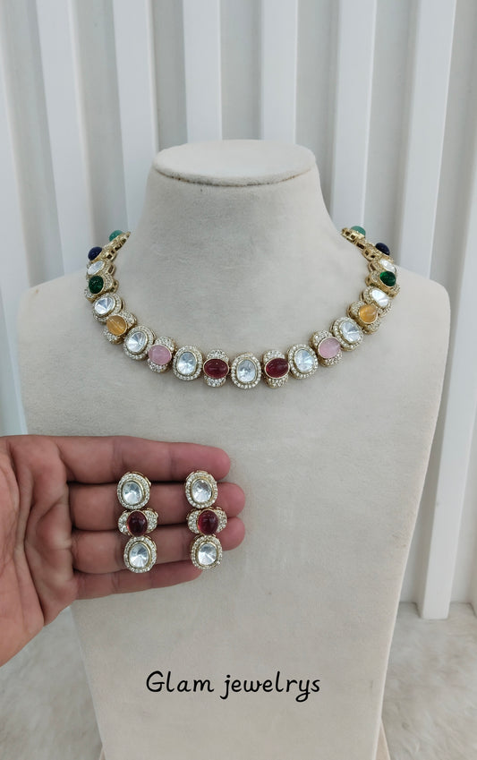 Multi Color Gold Moissanite Kundan Necklace Indian Jewellery Sonalika Set
