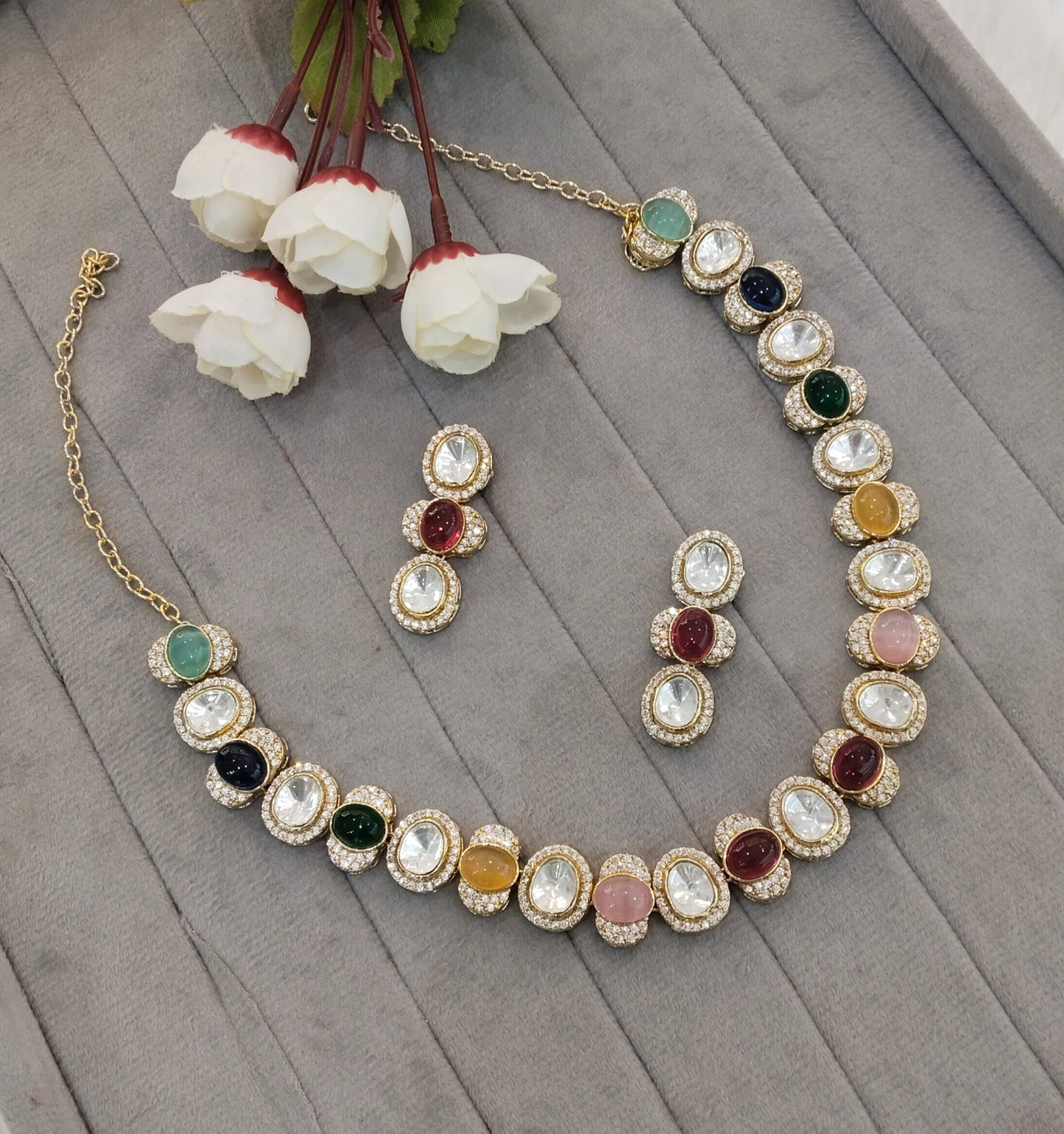 Multi Color Gold Moissanite Kundan Necklace Indian Jewellery Sonalika Set